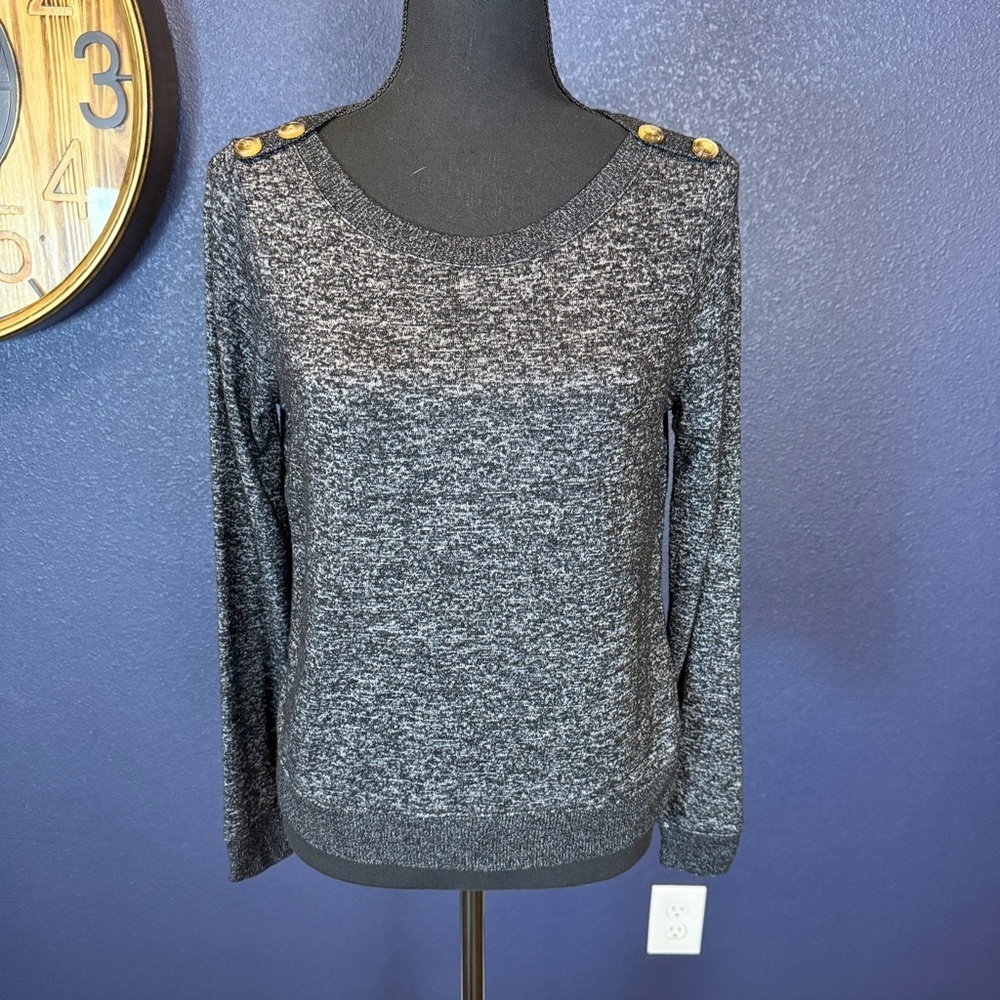 J. Crew NWT Gray/Black Marled Crew Neck Sweater with Button Shoulder | Size XS